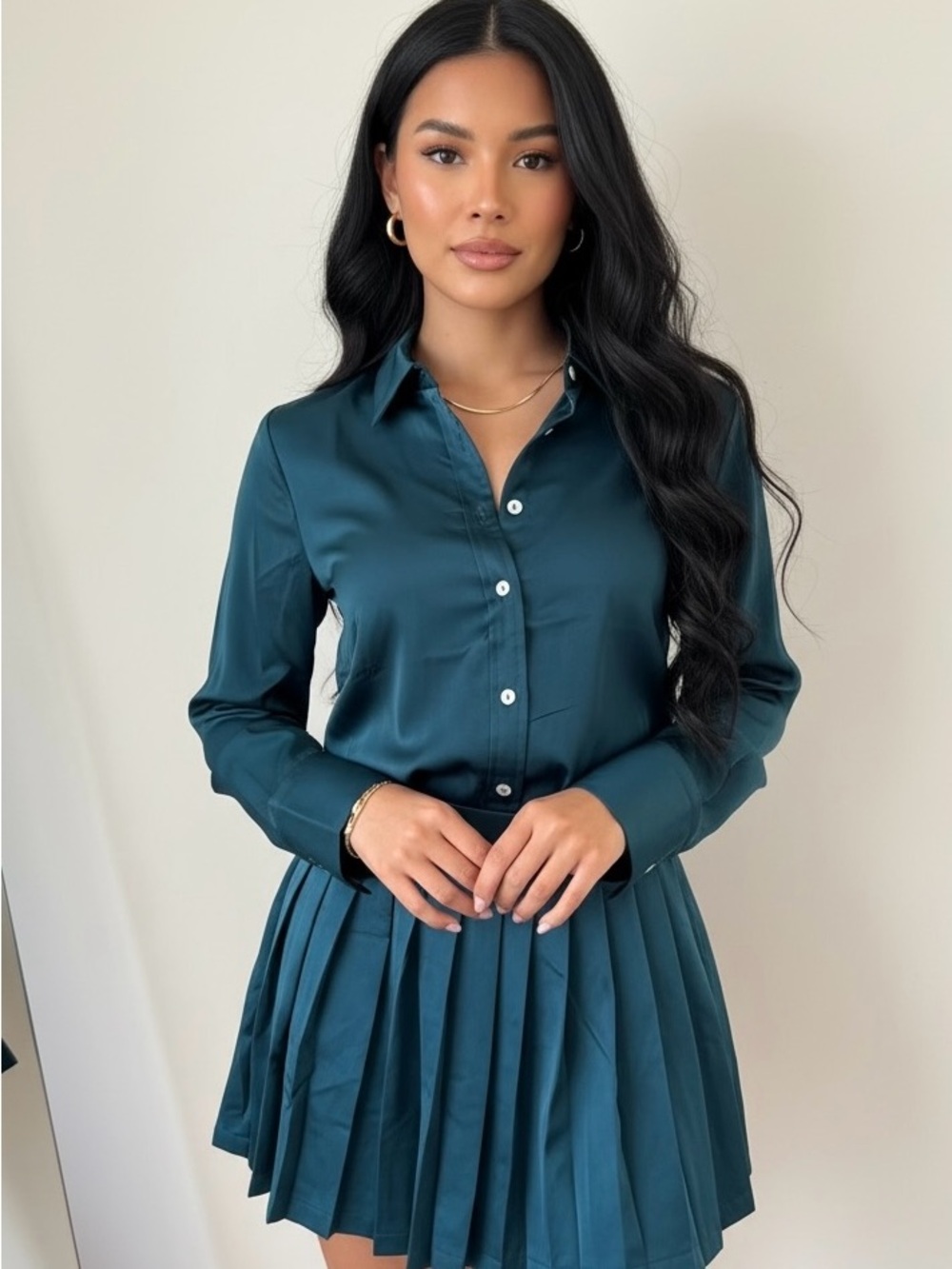 Teal Satin Button-Up Shirt and Pleated Skirt Set
